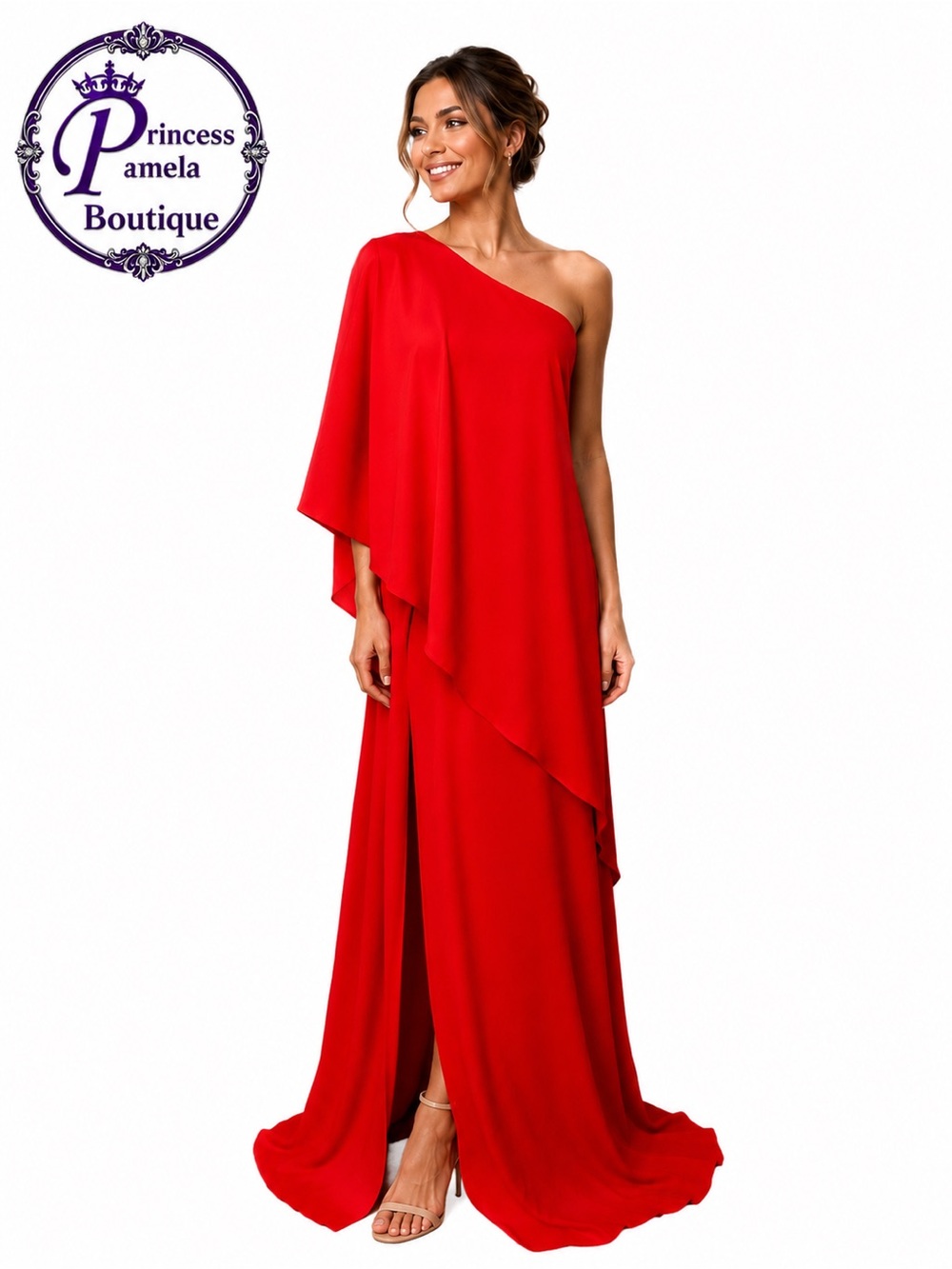 #107 Vibrant Red one-shoulder flowy maxi chiffon vacation dress-Small/Size 4